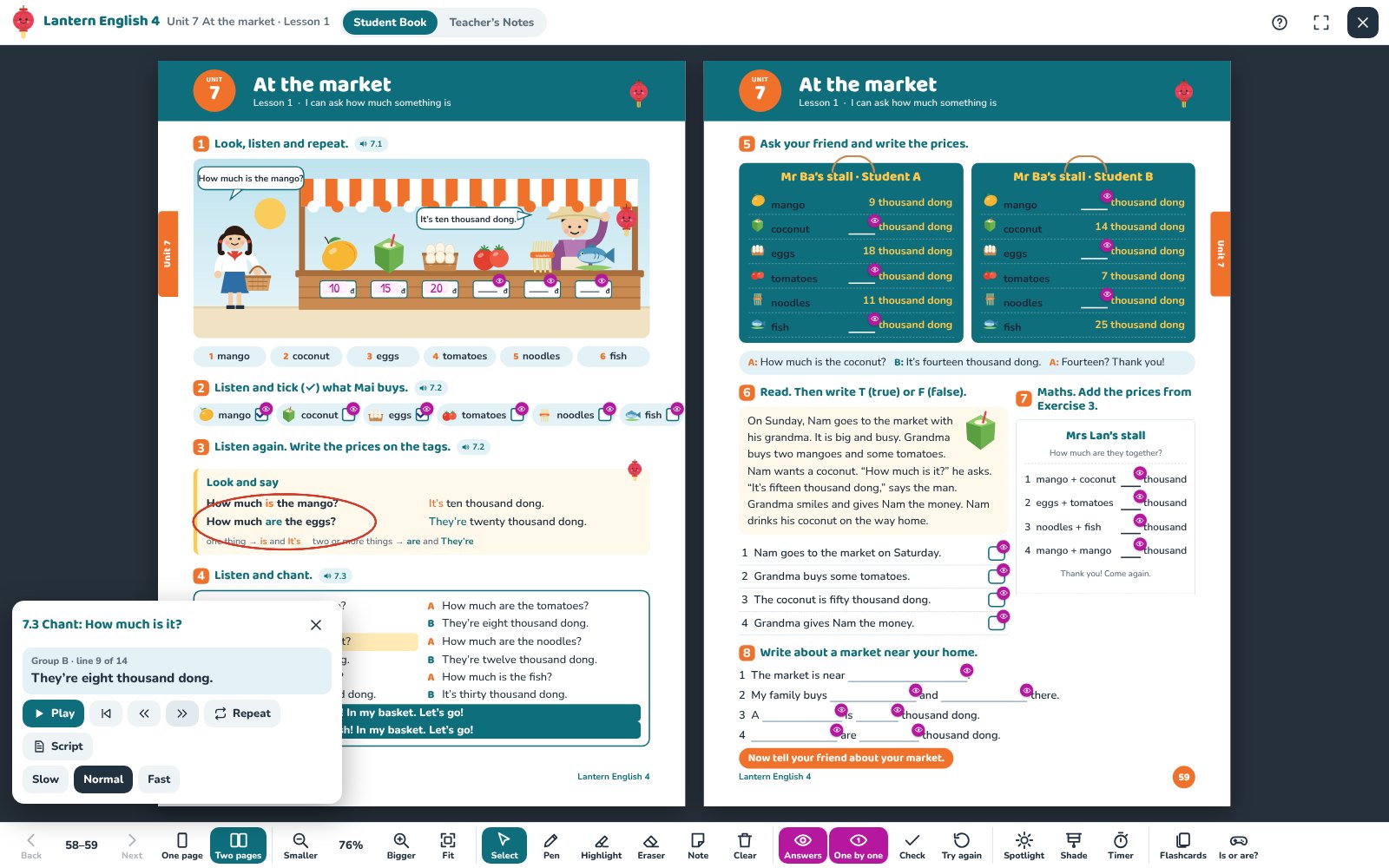 The presentation tool showing pages 58 and 59 with answers revealed and the audio player open
